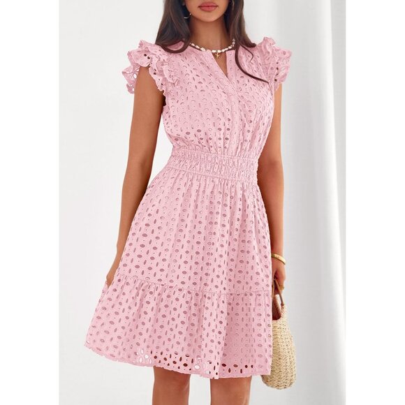 Women's Pink V Neck Eyelet Cap Sleeve Summer Beach Vacation Sundresseses - Picture 3 of 8